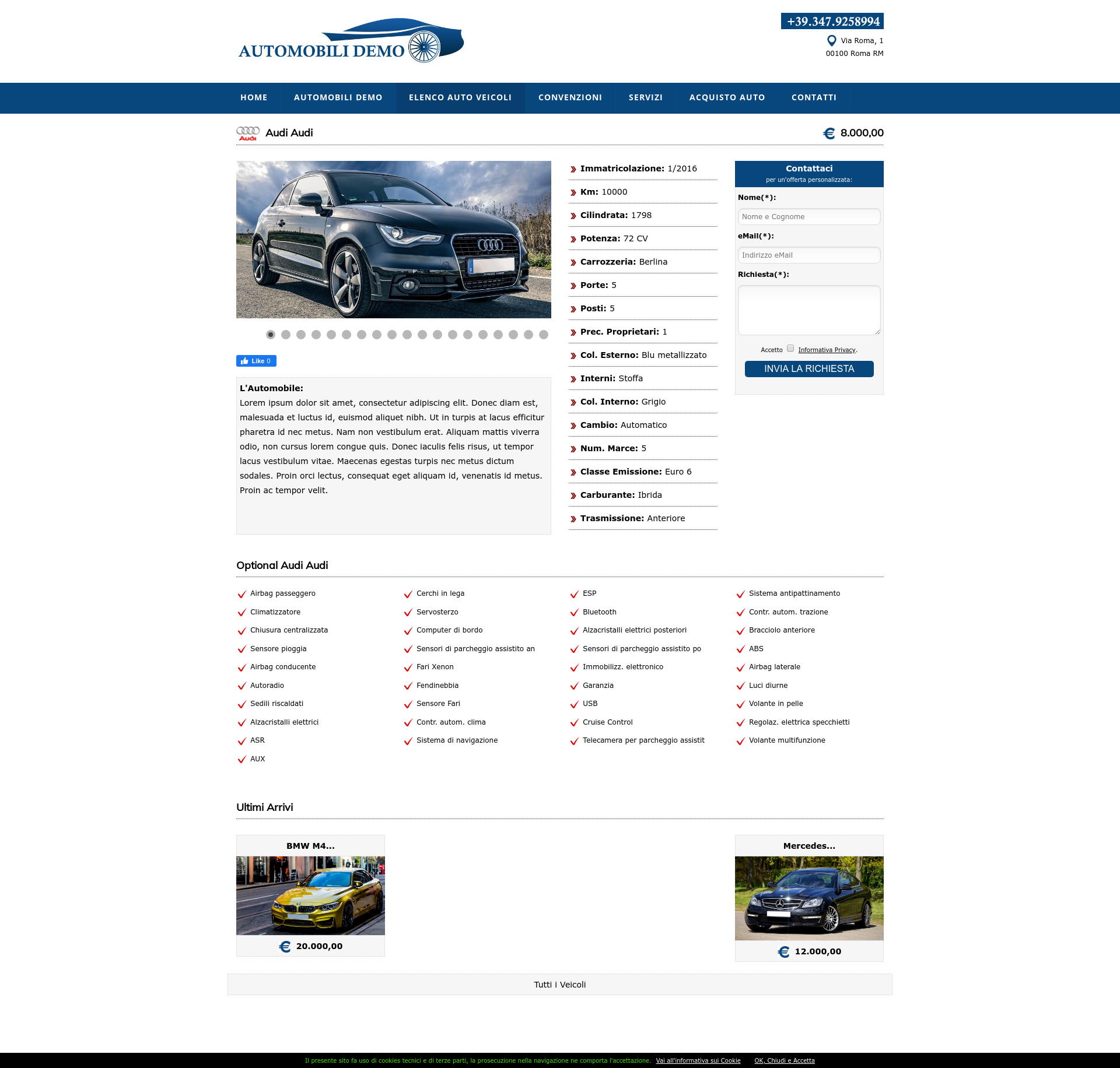 Pagina dettaglio automobile, Realizzazione sito web per autosalone